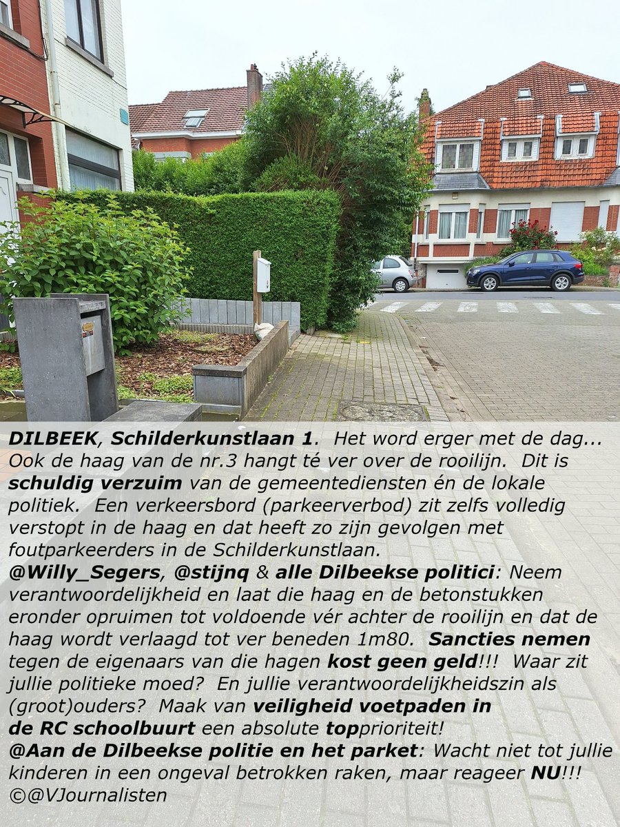 VJournalisten's tweet photo. 🆘DILBEEK Schilderkunstlaan 1, nabij RC
⚠Sleept al jaren aan‼️ Kinderen lopen hier op straat door geblokkeerd voetpad🤢
@PolitieDilbeek, @Willy_Segers, @stijnq &amp; gemeentediensten:  Wanneer gaan jullie ingrijpen⁉️Wanneer er zich een ongeval voordoet⁉️
🤢Dan is het té laat ‼️ https://t.co/clfur7kuWq