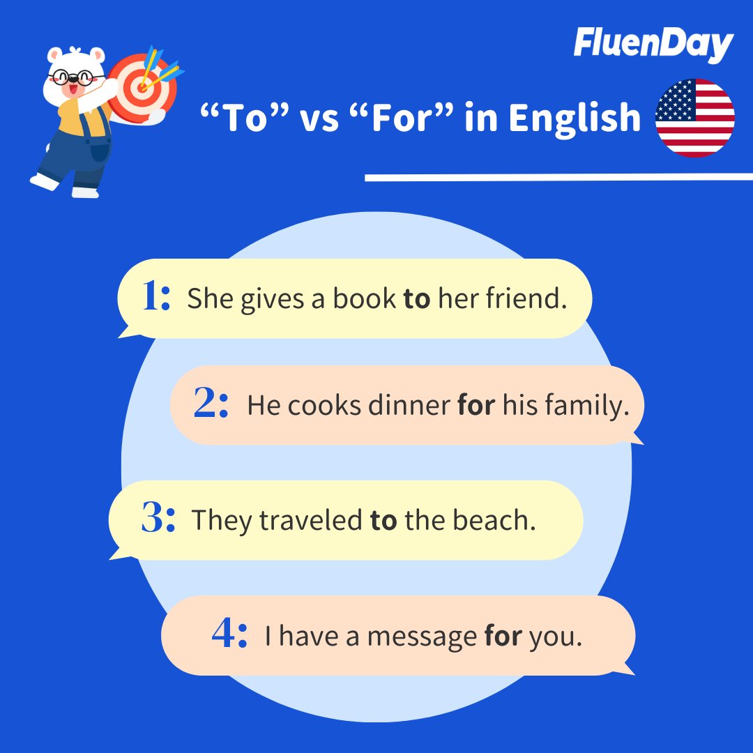 FluenDay's tweet photo. "To" and "for" may be two small words, but they play a big role in English! ✨ Swipe to learn when to use each! 💪 #english #learnenglish #languages #fluenday https://t.co/euA7UG6nGH