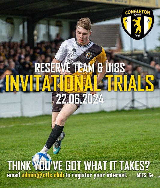 ✉️ Invitational Trials 
📆 22.06.24 

To register your interest please email admin@ctfc.club
