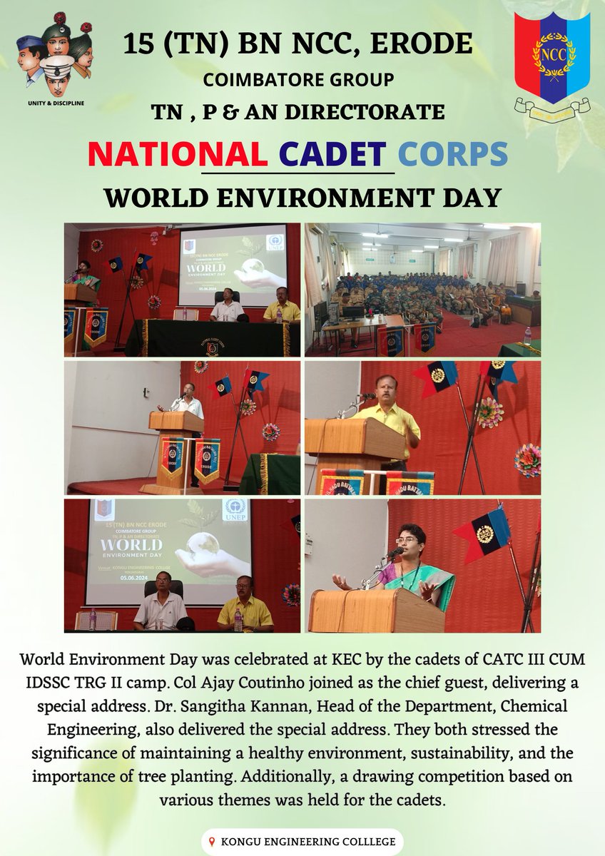 KecNcc's tweet photo. 🌍🌿 Celebrating #WorldEnvironmentDay at Kongu Engineering College! Col Ajay Coutinho and Dr. Sangita Kannan emphasized the importance of a healthy environment and tree planting. Also cadets joined a drawing competition on environmental themes. 🌳 #Sustainability #GreenFuture https://t.co/kJKZnqhZNu