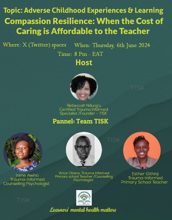traumasch_kenya's tweet image. Teachers, hi👋 gather here, kindly!

TISK got you!
We know learners personal issues are overwhelming and mentally draining

Tomorrow at 8Pm-EAT TISK team will be discusing how trachers can deflect from mental clogging

*Join the conversation
#ACEsandlearning
#Teachersmentalhealth