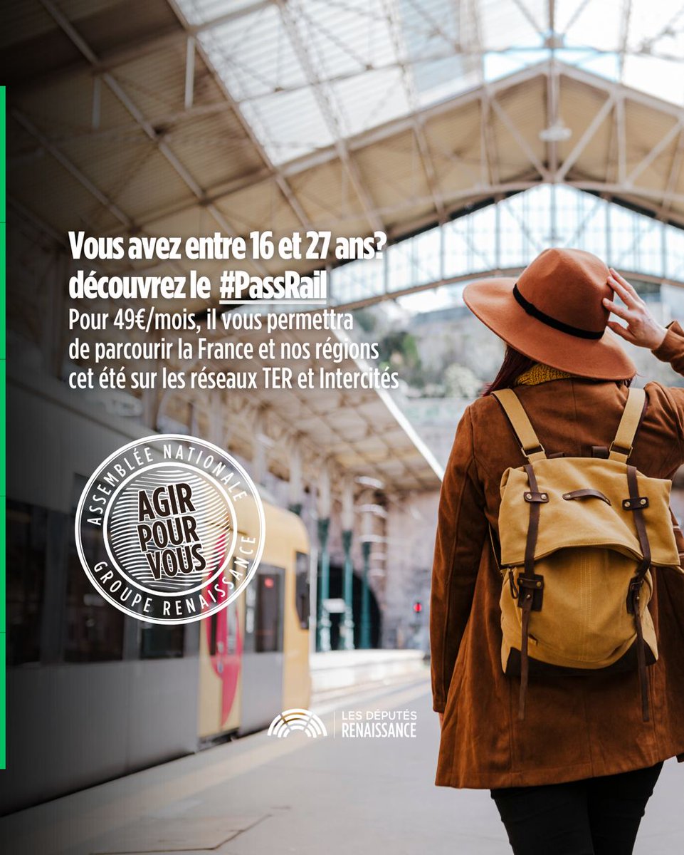 🚄🎫 Le Pass Rail est disponible aujourd’hui pour les jeunes de moins de 27 ans. Pour seulement 49€, ils pourront voyager de manière illimitée en TER et Intercités pendant tout l'été, dans toutes les régions de France. Une superbe initiative soutenue par la majorité pour
