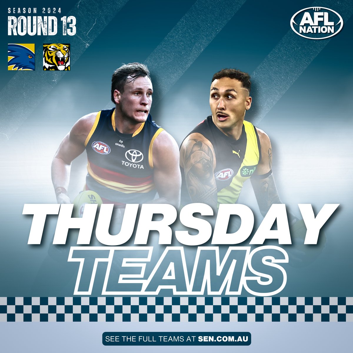 🗞️ The teams for tomorrow night are in 🔒 🔴🟡 The Crows skipper has overcome a foot issue. 🐯 Shai Bolton headlines some big ins for the Tigs. ➡️ More at sen.com.au #AFLCrowsTigers #AFL 🏆