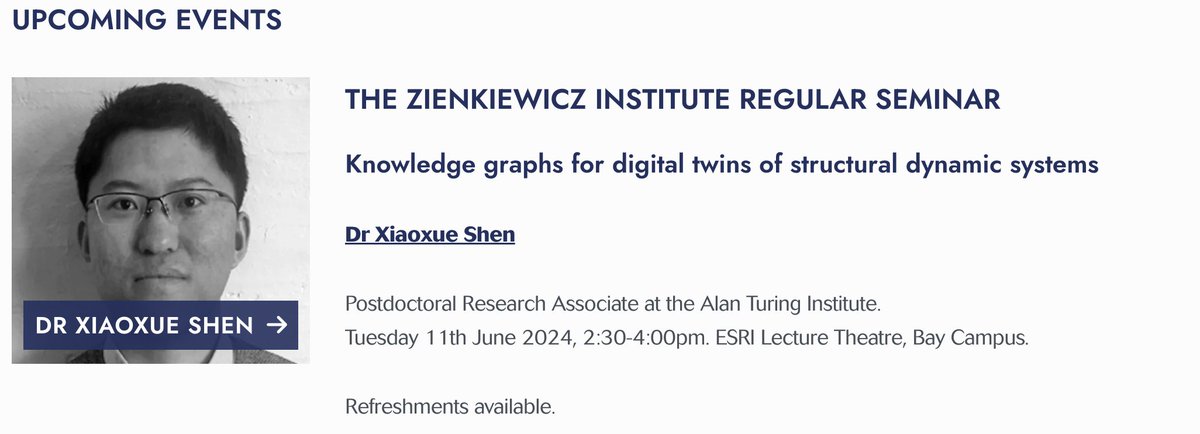 Zienkiewicz Institute (@zienkiewiczinst) on Twitter photo Our next seminar is on digital twins of structural dynamic systems.
Time: 11th June 2024, 2:30-4:00pm. ESRI Lecture Theatre, Bay Campus
<a href="/UK_ACM/">UKACM</a> <a href="/DrBenEvans/">Prof Ben Evans</a> <a href="/AldakheelFadi/">High-Performance-Computing Group</a> <a href="/FeihuZ/">Feihu Zhao</a> <a href="/ASAdemiloye/">Adesola Ademiloye</a> <a href="/ProfRSevilla/">Rubén Sevilla</a> <a href="/GCEC_/">Glasgow Computational Engineering Centre</a> <a href="/AlmaRahat/">Alma Rahat</a> <a href="/LukaszKaczmarcz/">Lukasz Kaczmarczyk</a> @SUSciEng Our next seminar is on digital twins of structural dynamic systems.
Time: 11th June 2024, 2:30-4:00pm. ESRI Lecture Theatre, Bay Campus
<a href="/UK_ACM/">UKACM</a> <a href="/DrBenEvans/">Prof Ben Evans</a> <a href="/AldakheelFadi/">High-Performance-Computing Group</a> <a href="/FeihuZ/">Feihu Zhao</a> <a href="/ASAdemiloye/">Adesola Ademiloye</a> <a href="/ProfRSevilla/">Rubén Sevilla</a> <a href="/GCEC_/">Glasgow Computational Engineering Centre</a> <a href="/AlmaRahat/">Alma Rahat</a> <a href="/LukaszKaczmarcz/">Lukasz Kaczmarczyk</a> @SUSciEng