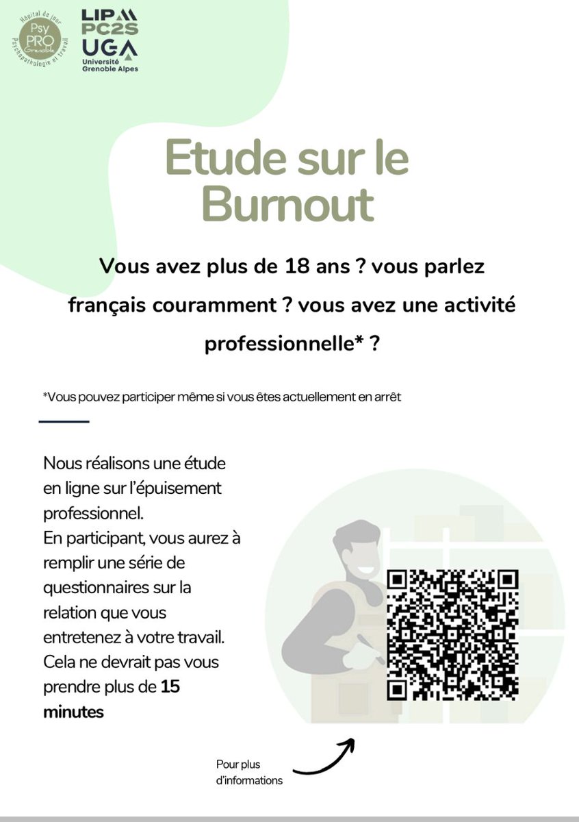 Catherine Bortolon (@catherineborto1) on Twitter photo Nous menons une étude en ligne sur l’épuisement professionnel. Participez en répondant à plusieurs questionnaires (15 min).
📋 Toutes les infos ici : [enquetes-screen.msh-alpes.fr/index.php/3857…)
Merci pour votre participation et diffusion !
#UGA #LIPPC2S #burnout
<a href="/Celinebaeyens/">Celine Baeyens</a>
<a href="/LIPPC2S/">LIP/PC2S</a> Nous menons une étude en ligne sur l’épuisement professionnel. Participez en répondant à plusieurs questionnaires (15 min).
📋 Toutes les infos ici : [enquetes-screen.msh-alpes.fr/index.php/3857…)
Merci pour votre participation et diffusion !
#UGA #LIPPC2S #burnout
<a href="/Celinebaeyens/">Celine Baeyens</a>
<a href="/LIPPC2S/">LIP/PC2S</a>