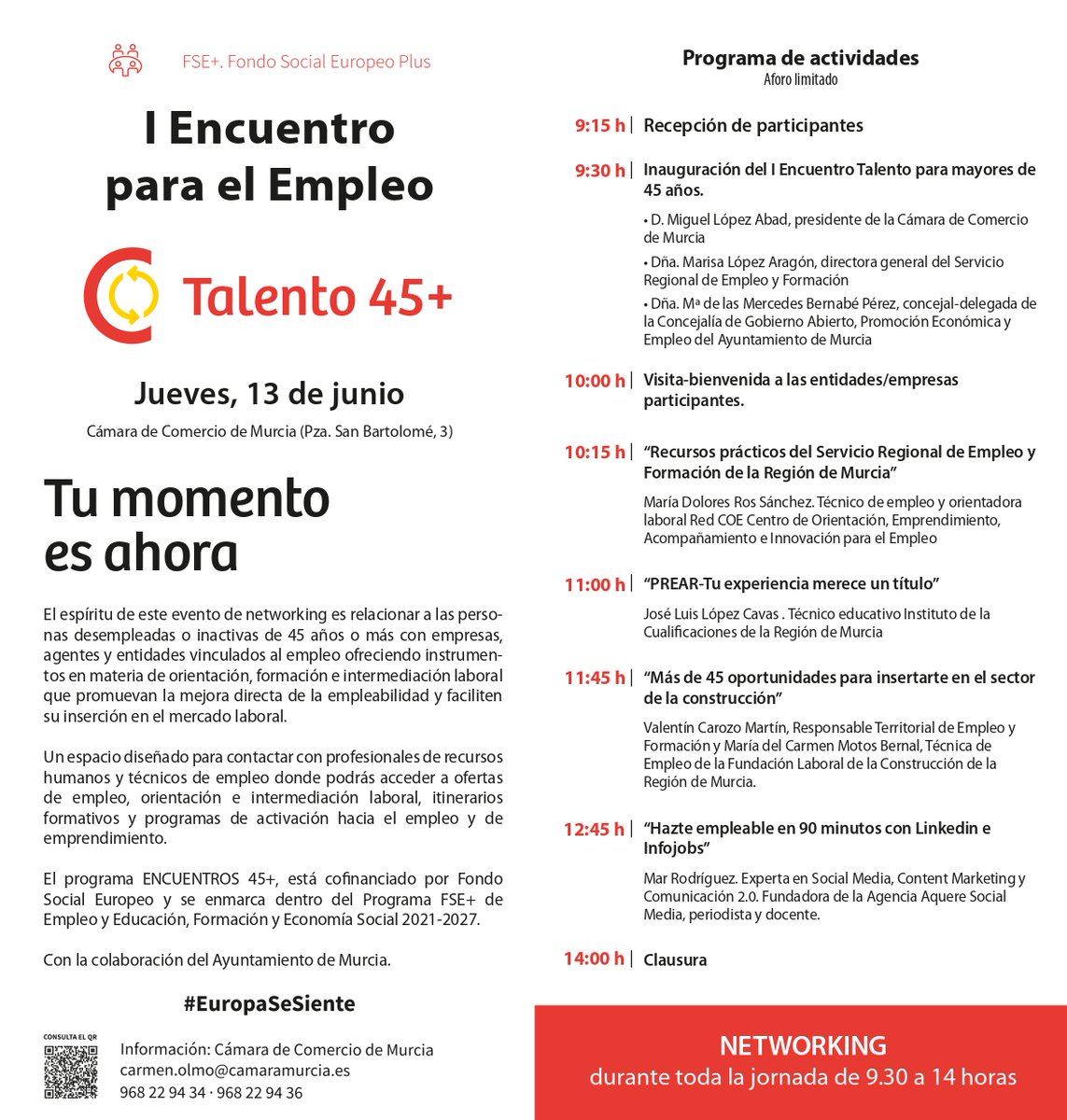 El jueves 13 de junio os esperamos en el I Encuentro de Empleo Talento 45+ organizado por la @camara_murcia donde personas de 45 años o más podrán encontrar oportunidades laborales y conocer empresas y entidades que trabajamos por la Inserción Laboral #TuMomentoEsAhora
#Talento45