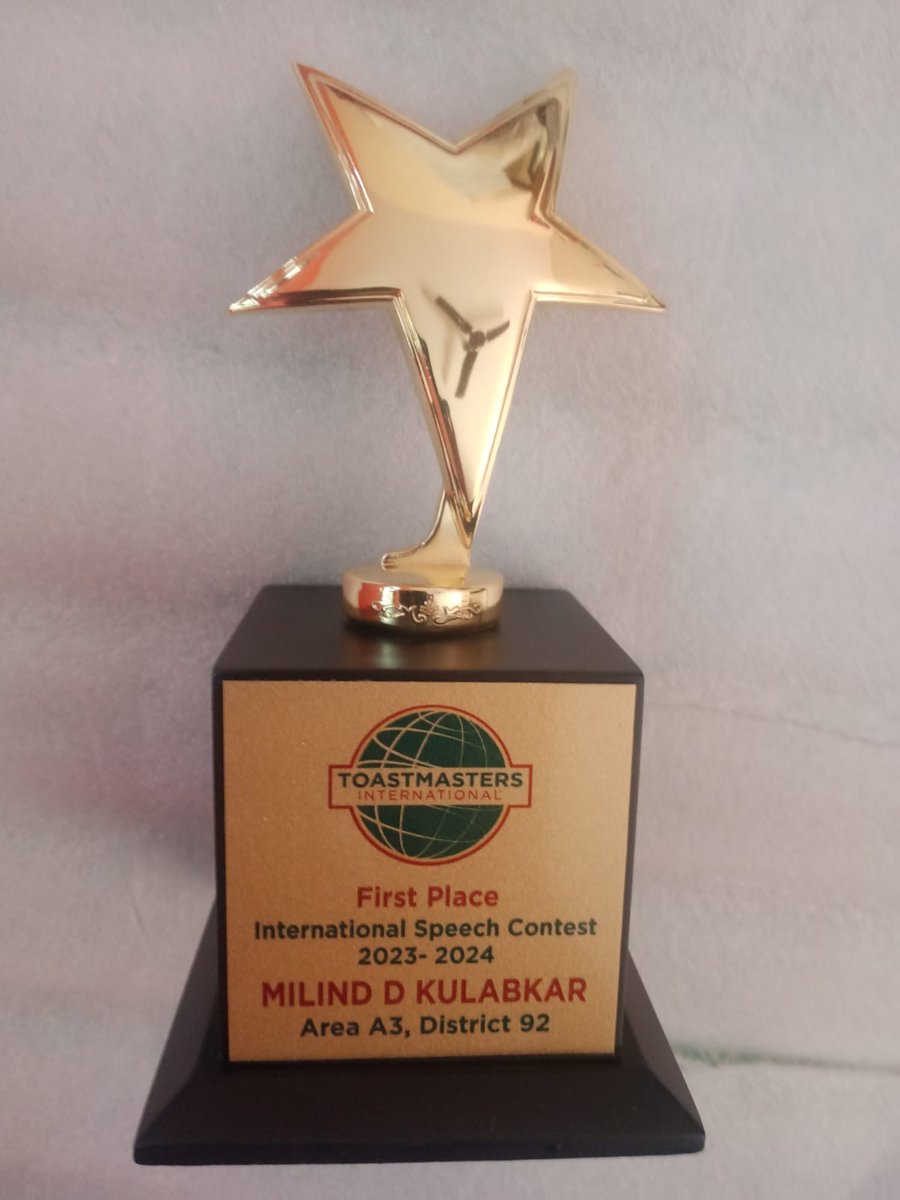 MKulabkar's tweet photo. My Toastmaster  Speech Contests Term 2023 - 2024 has been  memorable . Won all the three Area Level contests -  Table topic speech , Evalution, &amp;  International Speech Contests .  At the Division Contest I came second in the Table Topic . I cherish these  Winners trophies. https://t.co/UZmgepaQ7A