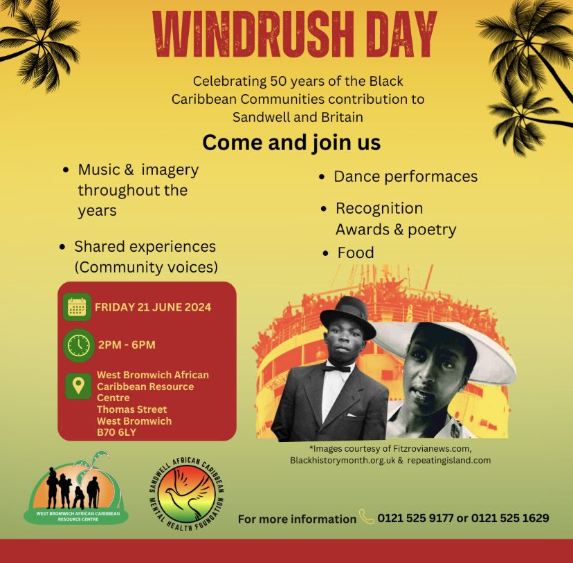 KuumbaF's tweet photo. Help us celebrate Windrush Day with West Bromwich African Caribbean Resource Centre – Celebrating 50 years of the Black Caribbean Communities contribution to Sandwell & Britain! We hope to see you there #windrush #celebratingwindrush #blackcaribbeancommunities https://t.co/39n9flC8lK