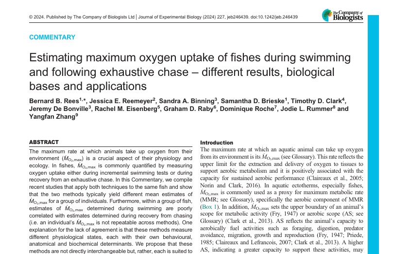 Two methods to estimate the maximum rate of oxygen uptake by fishes yield different results. In their Commentary, Rees &amp; co suggest why the results from these methods are different &amp; tell how they can be used to enhance aerobic metabolism studies in fish.

journals.biologists.com/jeb/article/22…