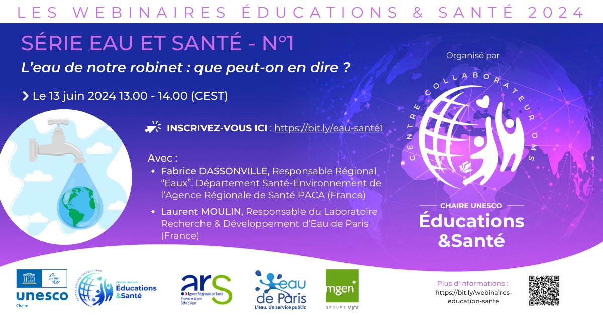 📆13 juin 2024 - Webinaire eau et santé n°1 - Inscrivez-vous : bit.ly/eau-santé1 
Avec Fabrice Dassonville <a href="/eaudeparis/">Eau de Paris 🚰</a> et Laurent Moulin <a href="/ARSPaca/">ARS Paca</a> 
ℹ️ chaireunesco-es.org/ressources/les…
