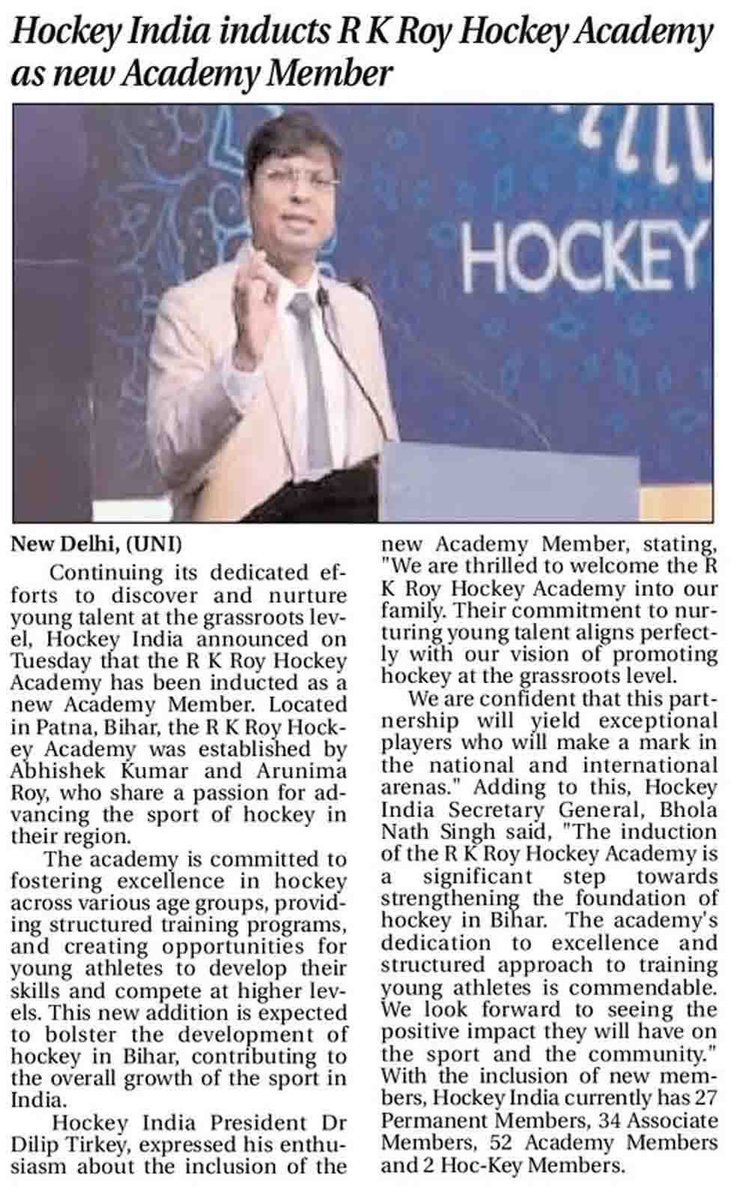 Hockey India Welcomes R K Roy Hockey Academy as New Academy Member

Established by Abhishek Kumar and Arunima Roy, the academy is dedicated to nurturing young hockey talent at the grassroots level. 

Read the full news column below 👇 

#HockeyIndia #IndiaKaGame 
 .
 .
 .
 .
 .