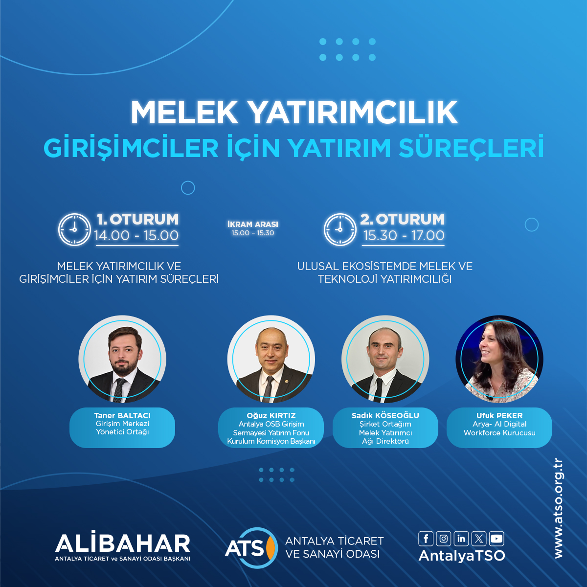 ATSO Growup Hızlandırma Programı kapsamında gerçekleştireceğimiz "Melek Yatırımcılar ve Girişimciler için Yatırım Süreçleri" etkinliğine tüm üyelerimiz davetlidir. 

Melek yatırımcılık, risk sermaye fonları, kitlesel fonlama, yatırımcı ve girişimci eşleşmesi ile fonlama