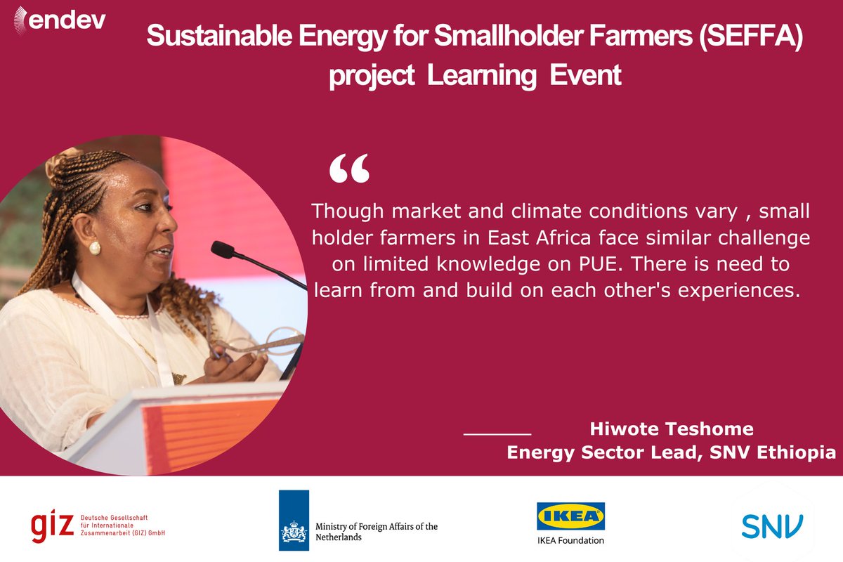 SNVEthiopia's tweet photo. 🗣️ @Hiwotetea, Energy Sector Lead and SEFFA Multi-Country Project Manager, stated: "Though market and climate conditions vary, smallholder farmers in East Africa face similar challenges with limited knowledge on PUE." #SEFFALearning #SustainableEnergy https://t.co/AQ99ns0CEl
