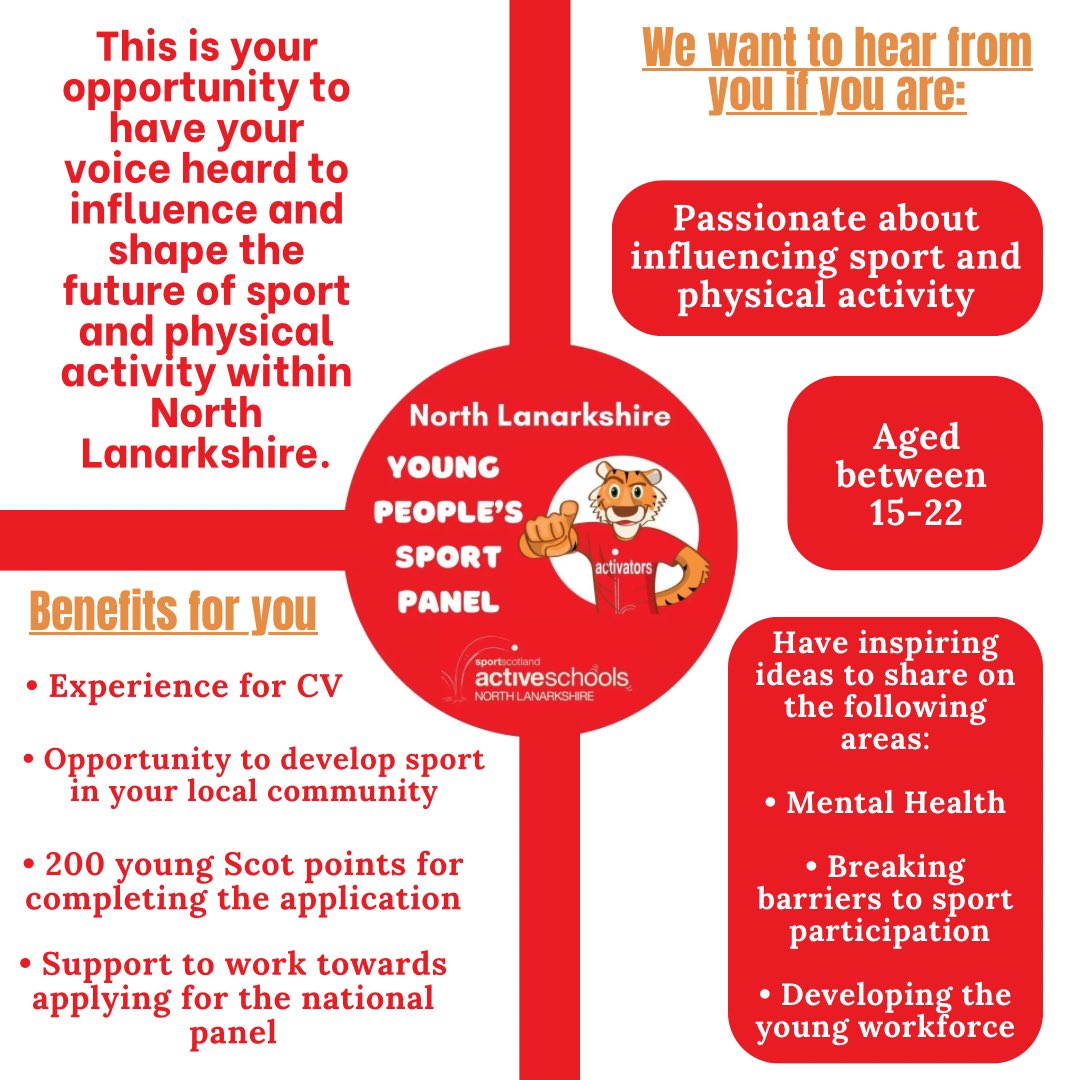 North Lanarkshire Active Schools are looking to identify a group of young people to establish their Young People’s Sports Panel. 

Applications are open now! ✨

forms.office.com/e/vT0Gd9x5nS

<a href="/sportscotland/">sportscotland</a> <a href="/NLActiveSchools/">NLActiveSchools</a> #NLYPSP <a href="/YoungScot/">Young Scot</a> <a href="/nlcpeople/">NorthLanCouncil</a>