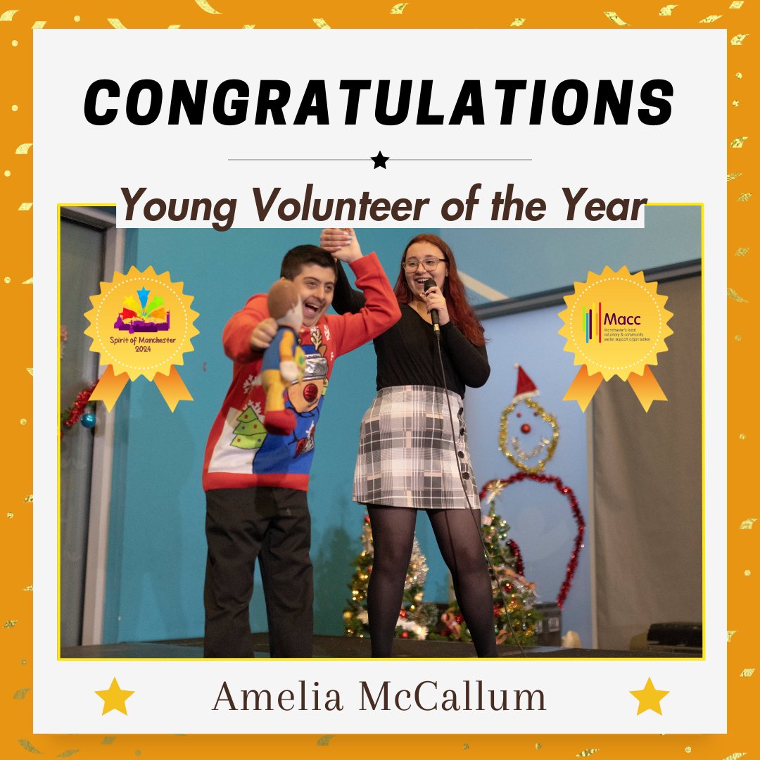 McrCommCentral's tweet photo. Congratulations to our first #SpiritOfMcr24 winner, Amelia McCallum, Young Volunteer of the Year (Supported by @ClydeCoNews)! Working with @manchesteryz for 10 years, she has supported young people with additional needs, raised awareness &amp; shaped youth policy. Well done, Amelia! https://t.co/E3wQYV0nYh