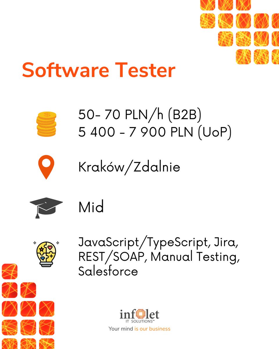 InfoletPL's tweet image. 📢Oferta pracy: Software Tester
Będziesz odpowiedzialny/a za wykonywanie manualnych procesów kontroli jakości! 🪄 Podejmij wyzwanie i dołącz do zespołu!
Szczegóły oferty 👇
infolet.recruitify.ai/job/SoftwareTe…
Do usłyszenia!
#softwaretester #manualtester #manualQA #hiring #joboffer