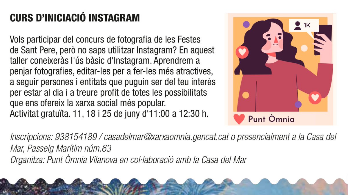 Punt Òmnia Vilanova i la Geltrú (@omniavilanova) on Twitter photo ⛵️Festes de Sant Pere 2024
Des del Punt Òmnia, hi col·laborarem fent un taller d'Instagram pensat per facilitar la participació en el Concurs fotogràfic organitzat per la <a href="/ConfrariaV/">Confraria Pescadors VNG</a> No perdeu l’oportunitat de descobrir el món d’Instagram i mostrar el vostre talent fotogràfic! ⛵️Festes de Sant Pere 2024
Des del Punt Òmnia, hi col·laborarem fent un taller d'Instagram pensat per facilitar la participació en el Concurs fotogràfic organitzat per la <a href="/ConfrariaV/">Confraria Pescadors VNG</a> No perdeu l’oportunitat de descobrir el món d’Instagram i mostrar el vostre talent fotogràfic!