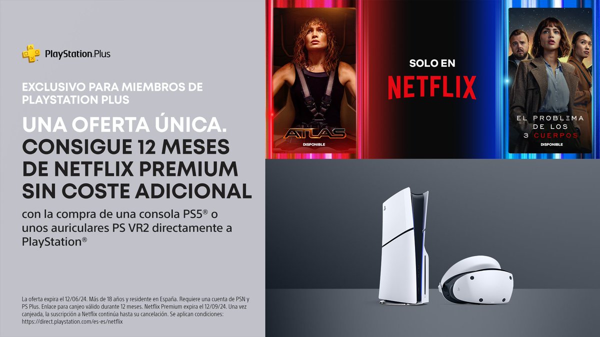PSPlusES's tweet photo. ¡REGALAZO en nuestra #PSDirect por los #DaysOfPlay! Por ser #Pluser, llévate de regalo 1 año de @NetflixES PREMIUM al dar el salto a la nueva generación de #PS5 o hacerte con tus #PSVR2 🔥👉https://t.co/stFC3nzvqC https://t.co/pZM370KIbF