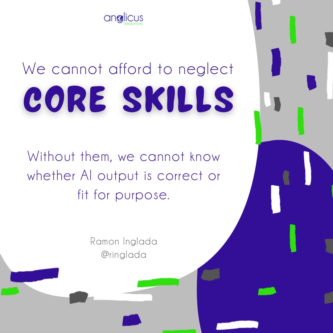 AnglicusTrans's tweet image. More insights from this year’s #ITIConf2024 courtesy of @ringlada.

AI is impressive if you know how to use it, but it’s useless if you don’t have the core skills to know whether a translation is correct or suitable.

#xl8 #iticonf24