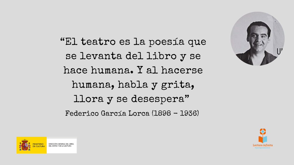¿Qué es el teatro para ti? 🤔

#FedericoGarcíaLorca lo definía como "la poesía que se levanta del libro y se hace humana" 😍

Con esta bella descripción de uno de los géneros que le hizo universal, recordamos al escritor de Fuente Vaqueros en el 126 aniversario de su nacimiento.