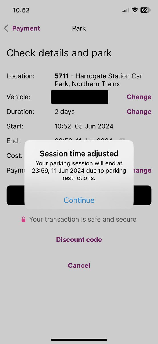 Logic778's tweet photo. @NothernRail @RingGo_parking can you help me understand the new parking charges at Harrogate station (5711) please? The new rate is advertised as £6 per 24 hours, yet when I ask for “2 days” the cost adjusts to the 7 day price @thestrayferret https://t.co/12d640885D