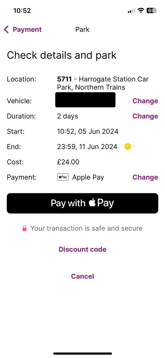 Logic778's tweet photo. @NothernRail @RingGo_parking can you help me understand the new parking charges at Harrogate station (5711) please? The new rate is advertised as £6 per 24 hours, yet when I ask for “2 days” the cost adjusts to the 7 day price @thestrayferret https://t.co/12d640885D