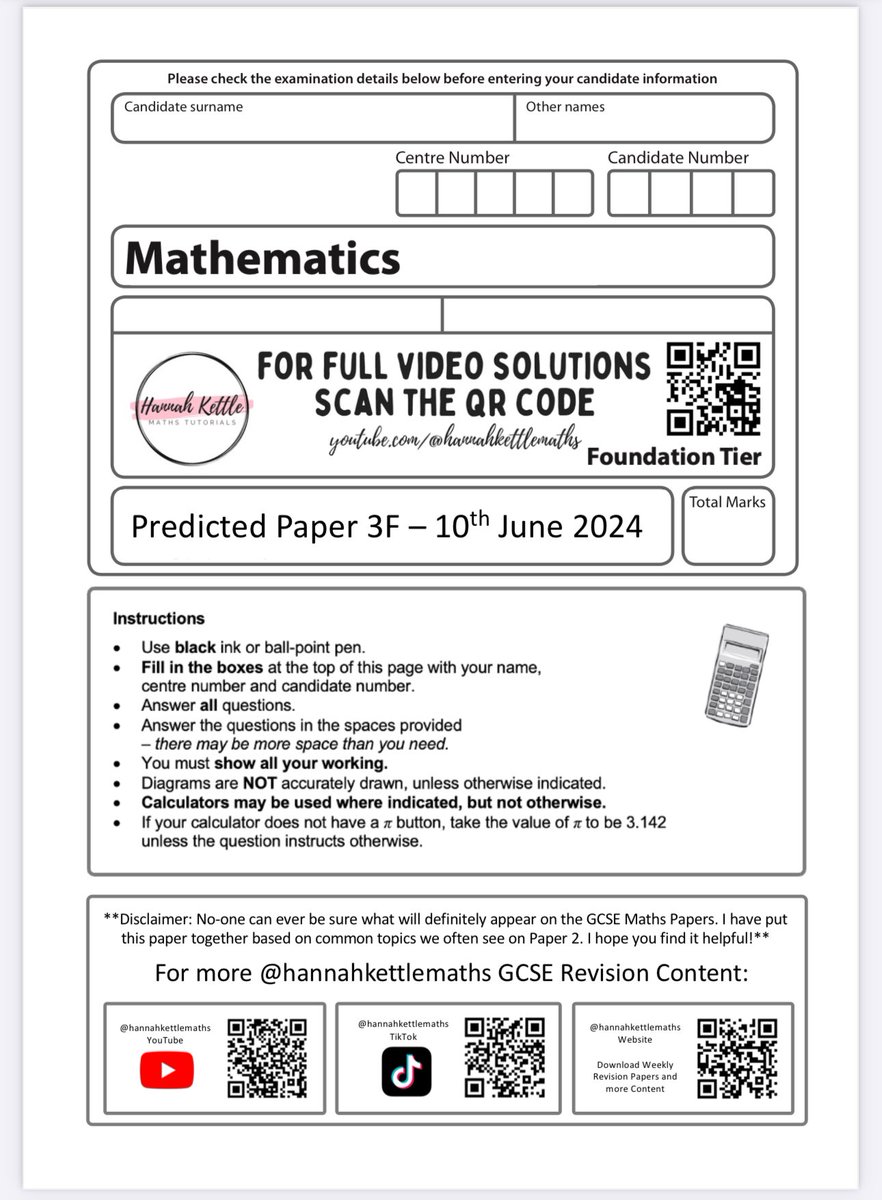Foundation GCSE Maths Predicted Paper 3 finished! Full video tutorial on YouTube via QR code on the paper ☺️ Enjoy!
Get it here: bit.ly/4aQmVW7
