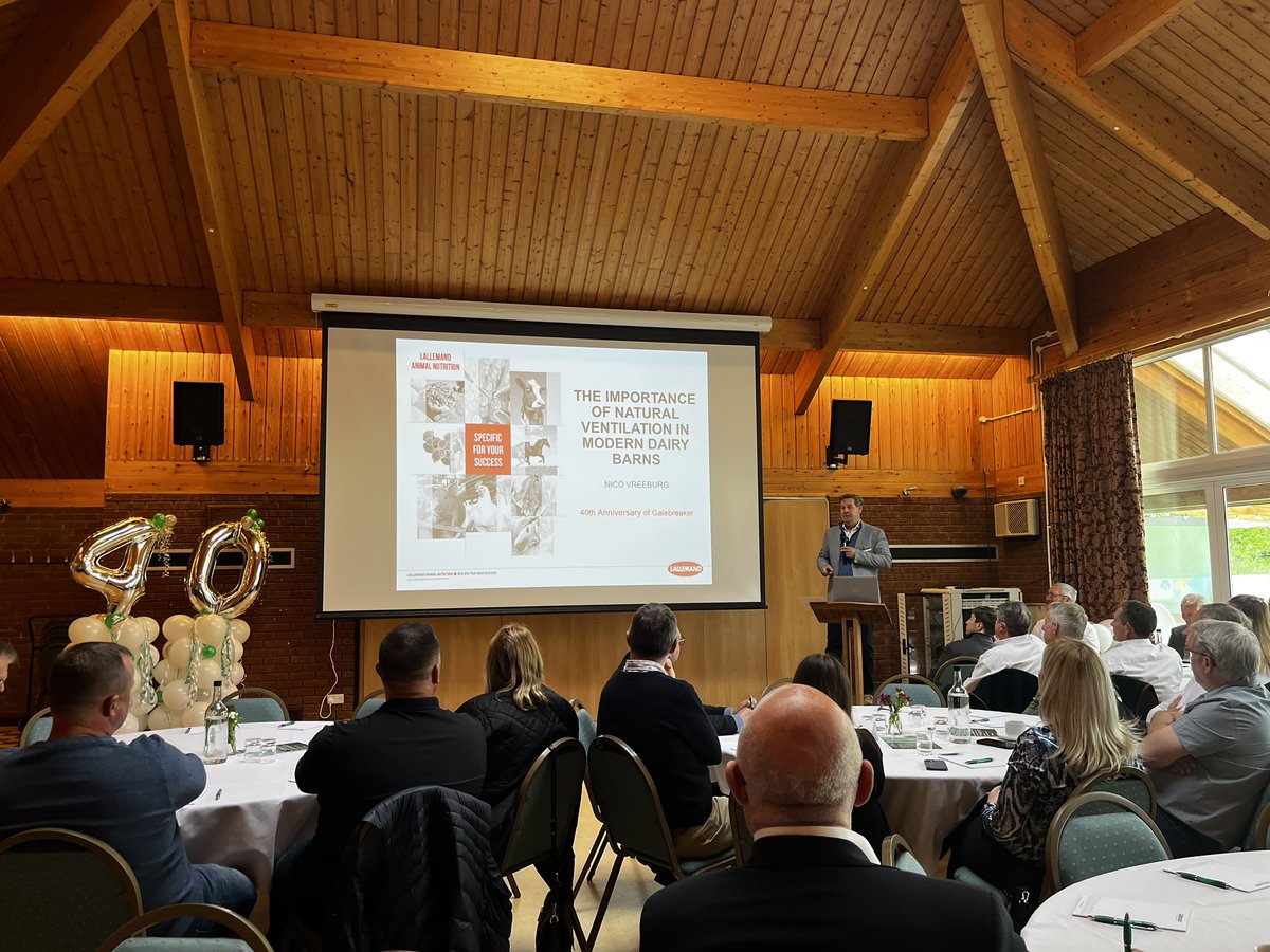 LallemandUK_IRL's tweet photo. Our ruminant technical support manager, Dr. Nico Vreeburg, is talking at the @GalebreakerUK 40th anniversary event today on the importance of natural ventilation in dairy housing. He’s discussing the impact of temperature and ventilation on cow comfort & performance #cowsignals https://t.co/uts4rtNKaU