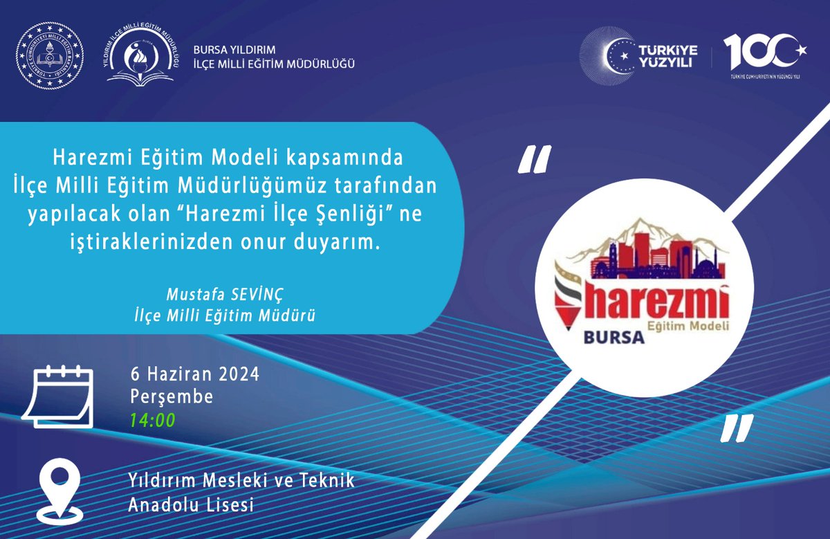 İlçe Milli Eğitim Müdürlüğü tarafından düzenlenen  "Harezmi İlçe Şenliği"ne katılımlarınızı bekliyoruz.
<a href="/msvnc64/">Mustafa Sevinç</a> 
<a href="/oz_harun/">Harun ÖZ</a> 
<a href="/harezmibursa/">Bursa Harezmi</a>