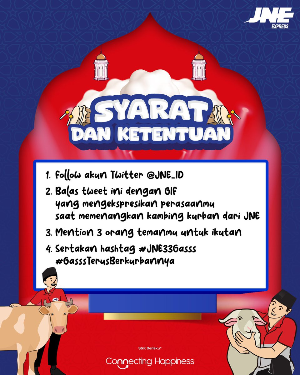 ✨Giveaway Kambing Qurban dari JNE✨

Balas tweet ini dengan GIF yang mengekspresikan perasaanmu saat memenangkan kambing Qurban dari JNE😍🐐📦

Ikuti syarat dan ketentuannya ya.

1. Follow akun Twitter X <a href="/JNE_ID/">JNE Express</a> 
2. Balas tweet ini dengan GIF yang mengekspresikan perasaanmu saat
