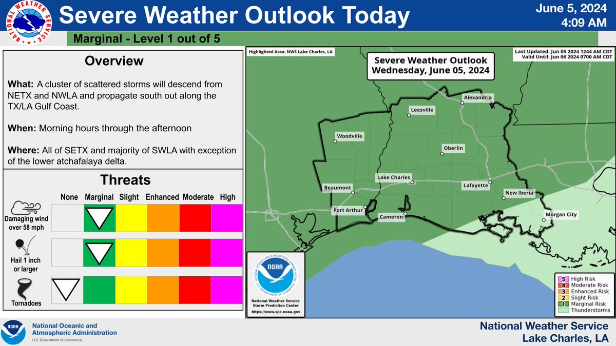 NWSLakeCharles's tweet image. There is a Marginal Risk of severe weather and excessive rainfall today. Stay weather aware and remember to take a quick look at the latest conditions before going about your day. #SETX #SWLA