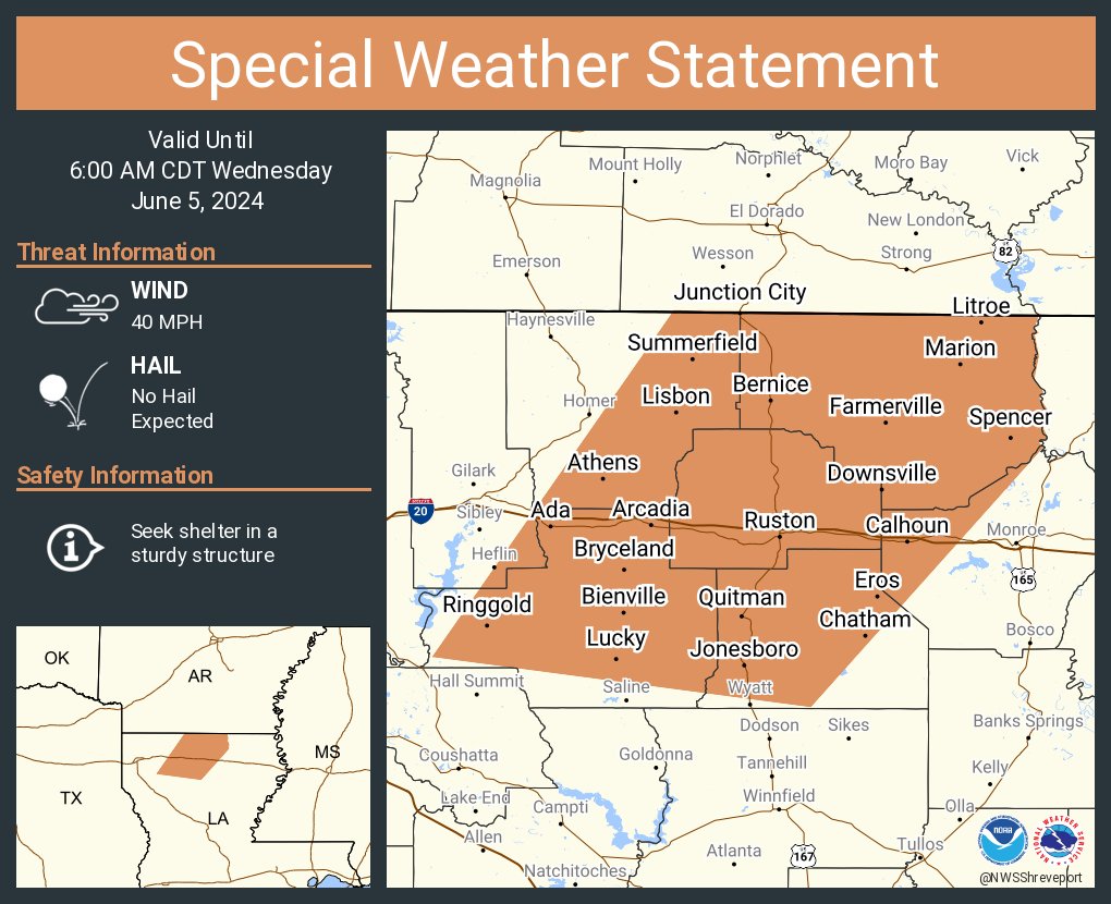 A special weather statement has been issued for Ruston LA, Grambling LA and Jonesboro LA until 6:00 AM CDT