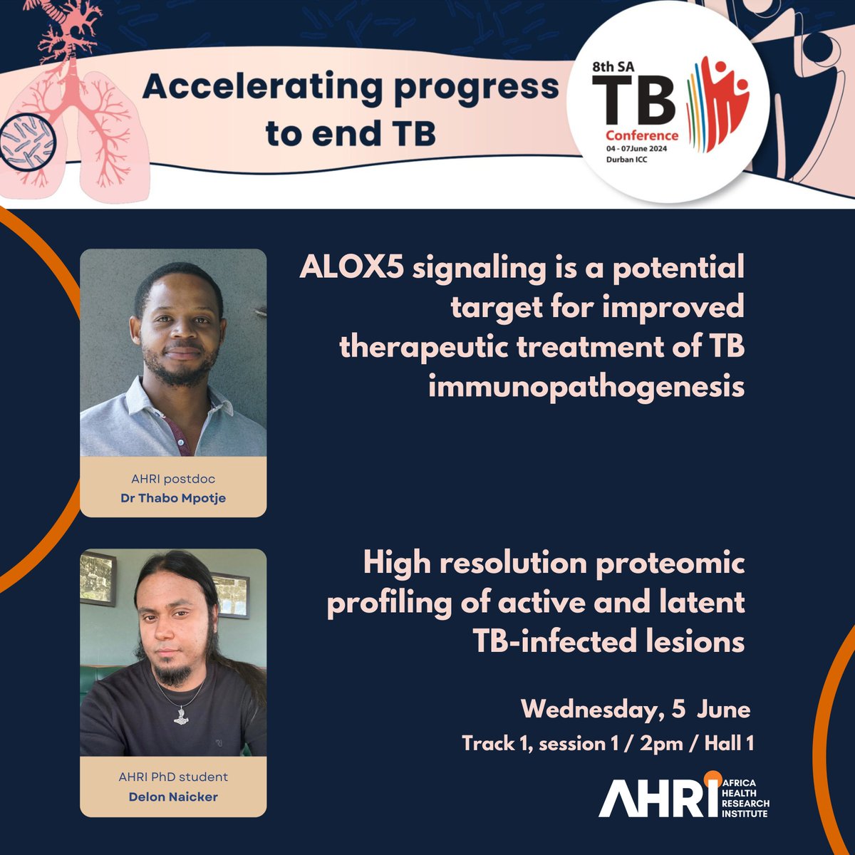 Africa Health Research Institute (@ahri_news) on Twitter photo Coming up today at #SATBconference
Don't miss 'Track 1, Session 1: immunology & therapy' in Hall 1 from 2pm. Chaired by AHRI's Prof Mohlopheni Marakalala <a href="/mohlopheni/">Mohlopheni Jackson Marakalala</a> and featuring talks from AHRI postdoc Dr Thabo Mpotje & PhD student Delon Naicker <a href="/Lord_Mortuus/">Delon Naicker</a>
#StopTB Coming up today at #SATBconference
Don't miss 'Track 1, Session 1: immunology & therapy' in Hall 1 from 2pm. Chaired by AHRI's Prof Mohlopheni Marakalala <a href="/mohlopheni/">Mohlopheni Jackson Marakalala</a> and featuring talks from AHRI postdoc Dr Thabo Mpotje & PhD student Delon Naicker <a href="/Lord_Mortuus/">Delon Naicker</a>
#StopTB