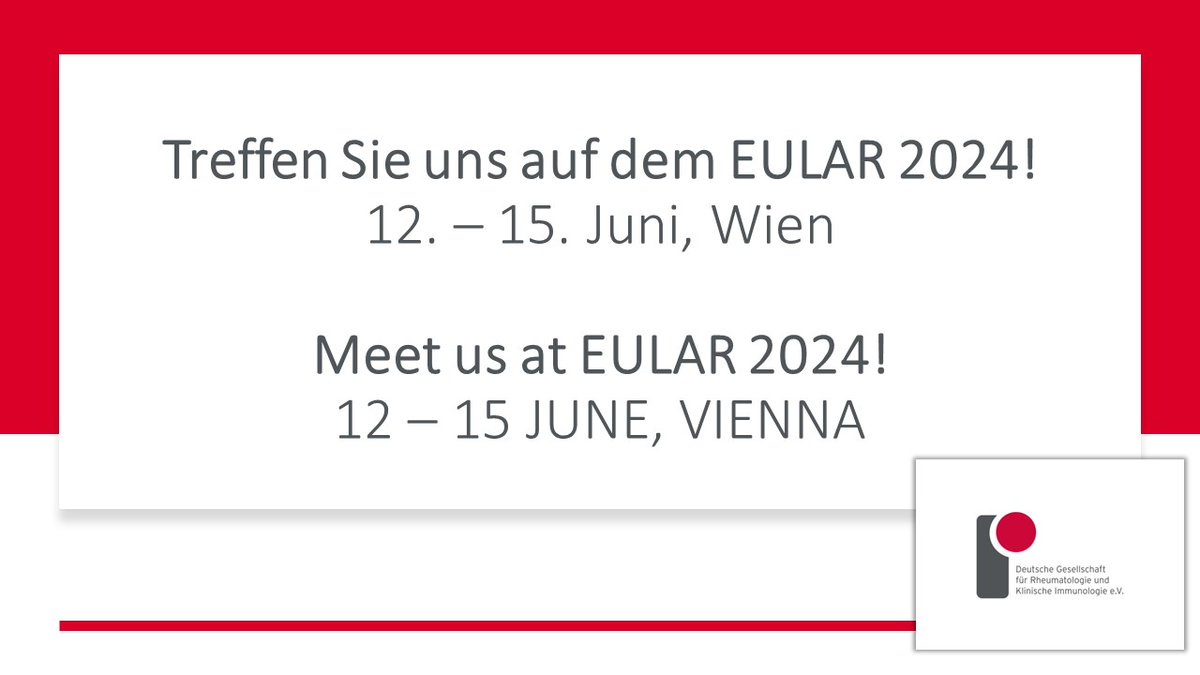 Dt. Ges. f. Rheumatologie u. Klinische Immunologie (@dgrh_tweets) on Twitter photo Auf dem #EULAR2024 haben Sie die Möglichkeit, Vertreterinnen und Vertreter der #DGRh in der Members Gallery zu treffen, in den Pausenzeiten des Kongresses oder nach Absprache. Die #DGRh freut sich auf den Austausch! <a href="/eular_org/">EULAR</a> Auf dem #EULAR2024 haben Sie die Möglichkeit, Vertreterinnen und Vertreter der #DGRh in der Members Gallery zu treffen, in den Pausenzeiten des Kongresses oder nach Absprache. Die #DGRh freut sich auf den Austausch! <a href="/eular_org/">EULAR</a>