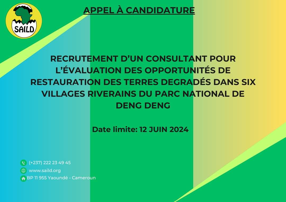 Le SAILD recherche un consultant pour l'évaluation des opportunités de #restauration des terres dégradées autour du Parc National de Deng Deng à l'Est 🇨🇲. 
Les candidatures doivent être soumises avant le 12 juin à 23h59. Plus de détails ici: saild.org/wp-content/upl…

<a href="/giz_gmbh/">GIZ</a>