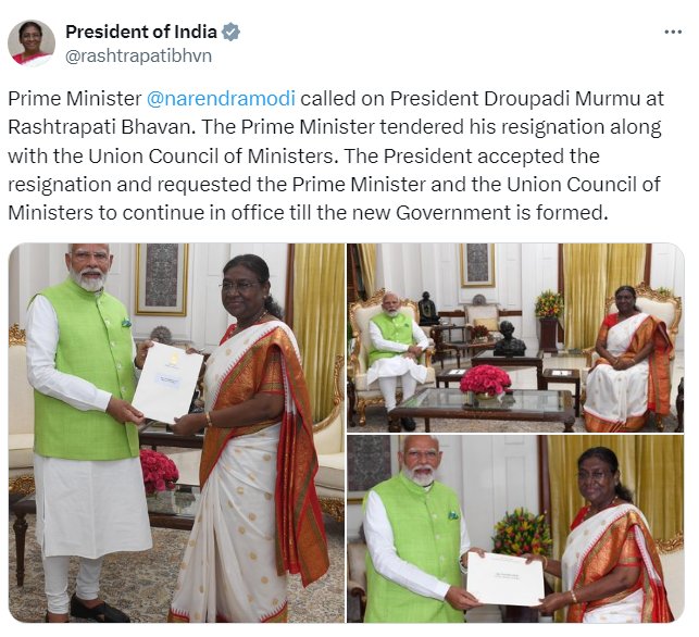 Isachin09's tweet photo. दिल्ली : राष्ट्रपति भवन ��ें प्रधानमंत्री नरेंद्र मोदी ने राष्ट्रपति द्रौपदी मुर्मू को अपना इस्तीफ़ा सौंपा 

India Alliance हो जाओ तैयार 👍🤝🤍

#NitishKumar #DhruvRathee
#LokSabhaEelections2024 https://t.co/Pv6EircoZz