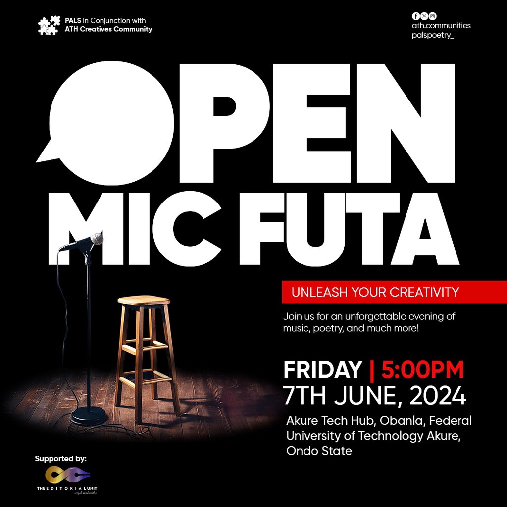 athcommunities's tweet photo. Join #OpenMicFUTA this weekend!🤩
Come share your rhymes, stories, songs, or any talent!
Newbies & veterans are welcome.
Let's celebrate creativity together!💃🏽🔥
#AkureTechHub #PALS #vivaliteracy https://t.co/H02DcZnlNV