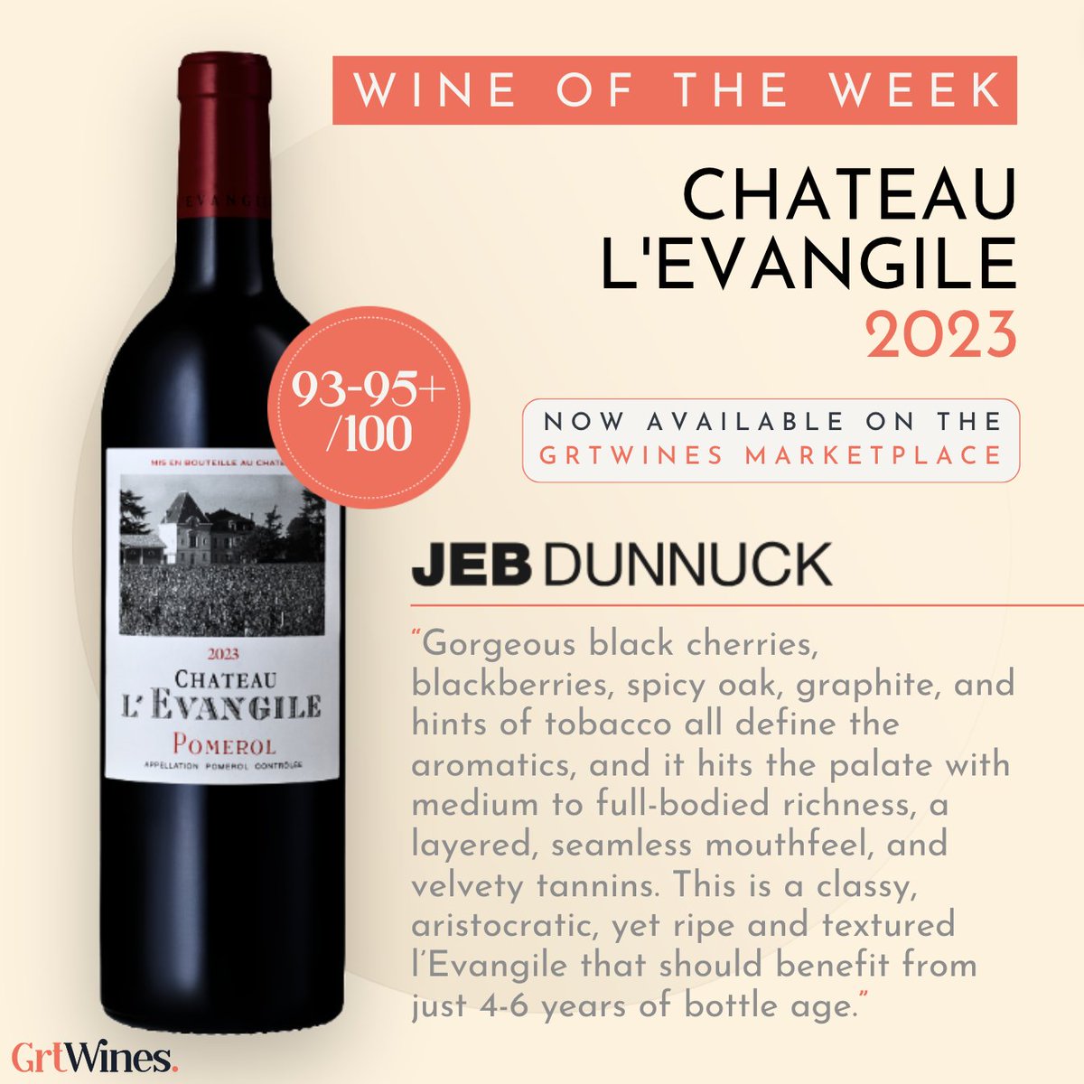 GrtWines's tweet photo. Discover the refined elegance of Château L'Évangile 2023, part of our newly released Bordeaux En Primeur 2023 collection. 🍷

Critic @jebdunnuck raves, "Gorgeous black cherries, blackberries, spicy oak, graphite, and hints of tobacco all define the aromatics, and it hits the palate with medium to full-bodied richness, a layered, seamless mouthfeel, and velvety tannins." 🌿

Don't miss your chance to own this extraordinary wine. Purchase now and enjoy 5 years of complimentary storage in our partner's facilities before your wine is delivered. 🇫🇷

Explore the collection and follow @GrtWines for more expert reviews on the 2023 Bordeaux vintage. 

#GrtWines #BordeauxEnPrimeur2023 #ChateauLEvangile #finewine