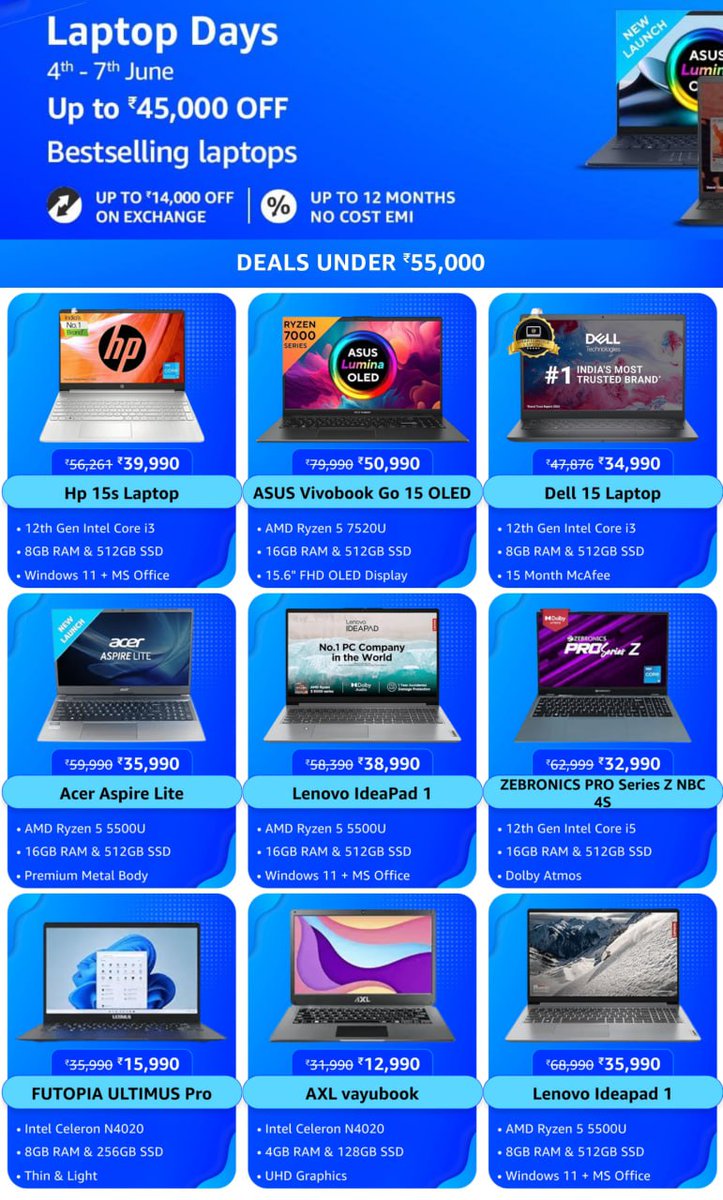 atyourservize98's tweet photo. 🔥Deals Under Rs 55,000🔥

💻 Laptop Days 📣 Live till 7th June
⚡️Up to Rs 45,000 Off
- Up to Rs 14,000 Off on Exchange
- No Cost EMI Up to 12 Months
- T&amp;C Apply
Shop Now 👉 https://t.co/QpRTRoBEZm https://t.co/lScRGbHjim