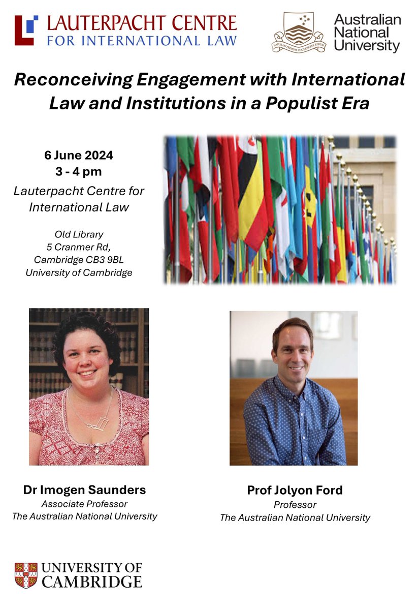 Lauterpacht_Ctr's tweet image. Reminder for tomorrow's seminar: Thurs 6 June 2024 at the Centre: 'Reconceiving State Engagement with International Law and Institutions in a Populist Era' - with Jolyon Ford &amp;amp; @imogensaunders, ANU. Further info: buff.ly/3WS074G @GillisMatilda @Fordthought @ANUmedia