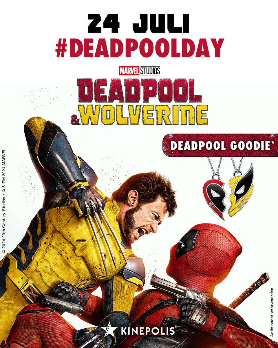 De ultieme bromance is hier! Deadpool &amp; Wolverine slaan de handen in elkaar en jij wilt dit NIET missen! Boek nu je tickets voor onze 𝐃𝐞𝐚𝐝𝐩𝐨𝐨𝐥 𝐃𝐚𝐲 met onder andere de middernachtvertoningen op 23 juli om 23:59 .Info &amp; tickets > kinepolis.be/deadpool