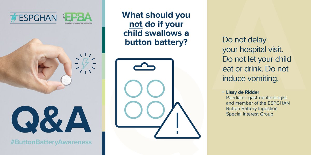 ESPGHANSociety's tweet image. Would you know what to do if a child swallowed a #ButtonBattery? 🔋⚠️

Find out the do&apos;s and dont&apos;s with expert advice from ESPGHAN experts @LissydeRidder and @CTzivinikos below. 

Follow us this week for crucial tips and guidance 🙌
#ButtonBatteryAwareness #ChildSafety