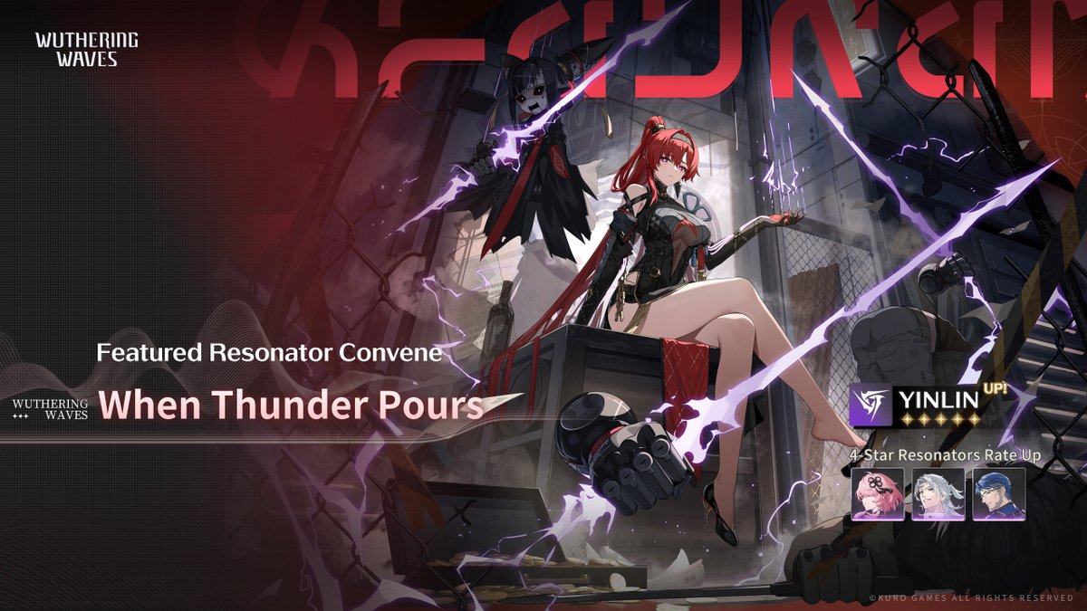 Wuthering_Waves's tweet photo. [When Thunder Pours] Featured Resonator Convene: Boosted Drop Rate for [Yinlin]

During the event, boosted drop rates for 5-star Resonator [Yinlin], 4-star Resonators [Taoqi], [Aalto], and [Yuanwu]!

✦Event Period✦
2024/06/06 10:00 - 2024/06/26 11:59 (server time)

✦Participation Requirement✦
Reach Union Level 8 or complete the trial in "First Resonance".

✦Convene Rules✦
[When Thunder Pours] is a [Featured Resonator Convene] event type.
Use [Radiant Tide] to Convene. You are guaranteed at least one 4-star or higher rarity Resonator or weapon every 10 attempts.
The Guarantee count is shared among all [Featured Resonator Convene] events. If a 5-star Resonator is not obtained, the Guarantee count is carried over any [Featured Resonator Convene] event and resets once a 5-star Resonator is obtained.
Featured Resonator [Yinlin] is exclusive to the [When Thunder Pours] Featured Resonator Convene and will not be available in other Convene types currently open.
During the event, [Yinlin's Waveband] will be available on [Store - Afterglow Coral] and will be removed from the Store after the event ends. You may purchase up to 2 limited-stock [Yinlin's Waveband].

※For more details, please refer to the Convene screen in-game.
#WutheringWaves