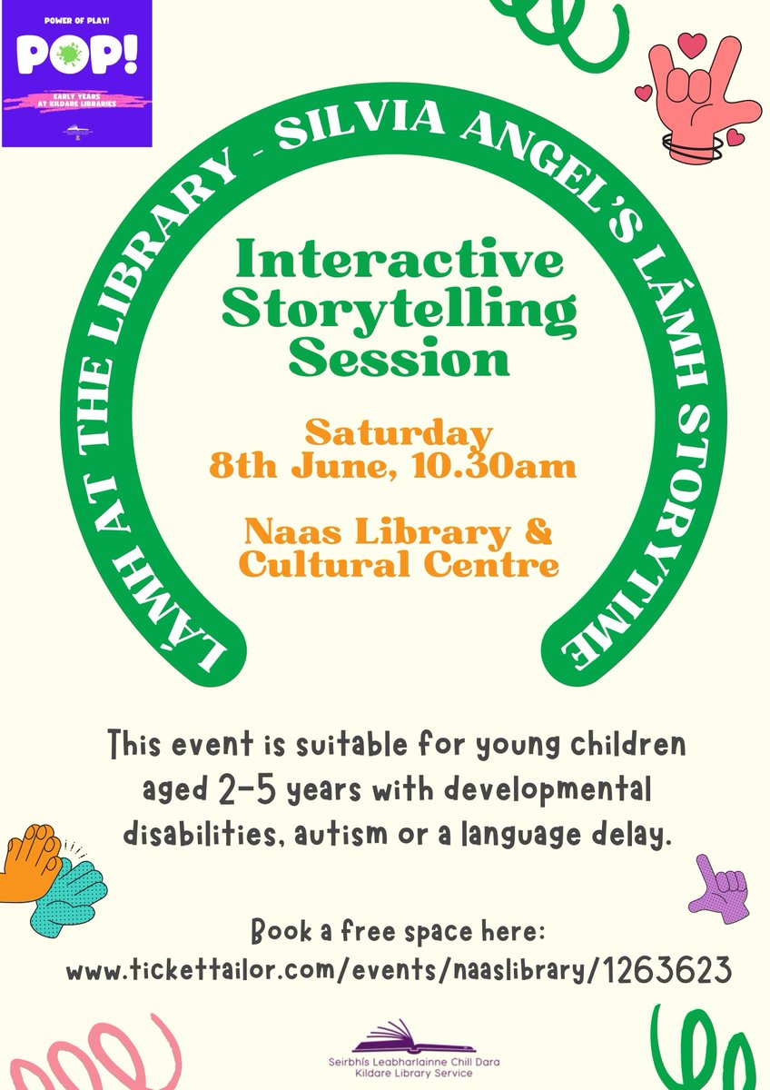 kildarelibrary's tweet photo. POPadoodledooooo peeps!
Pop along to #NaasLib this Saturday 10:30am for an interactive storytime, featuring visuals & sensory props, for children with developmental disabilities, autism or a language delay. For 2-5 years.
Book a free space here: https://t.co/jGOCojBe4i https://t.co/LQKr3n9jwg
