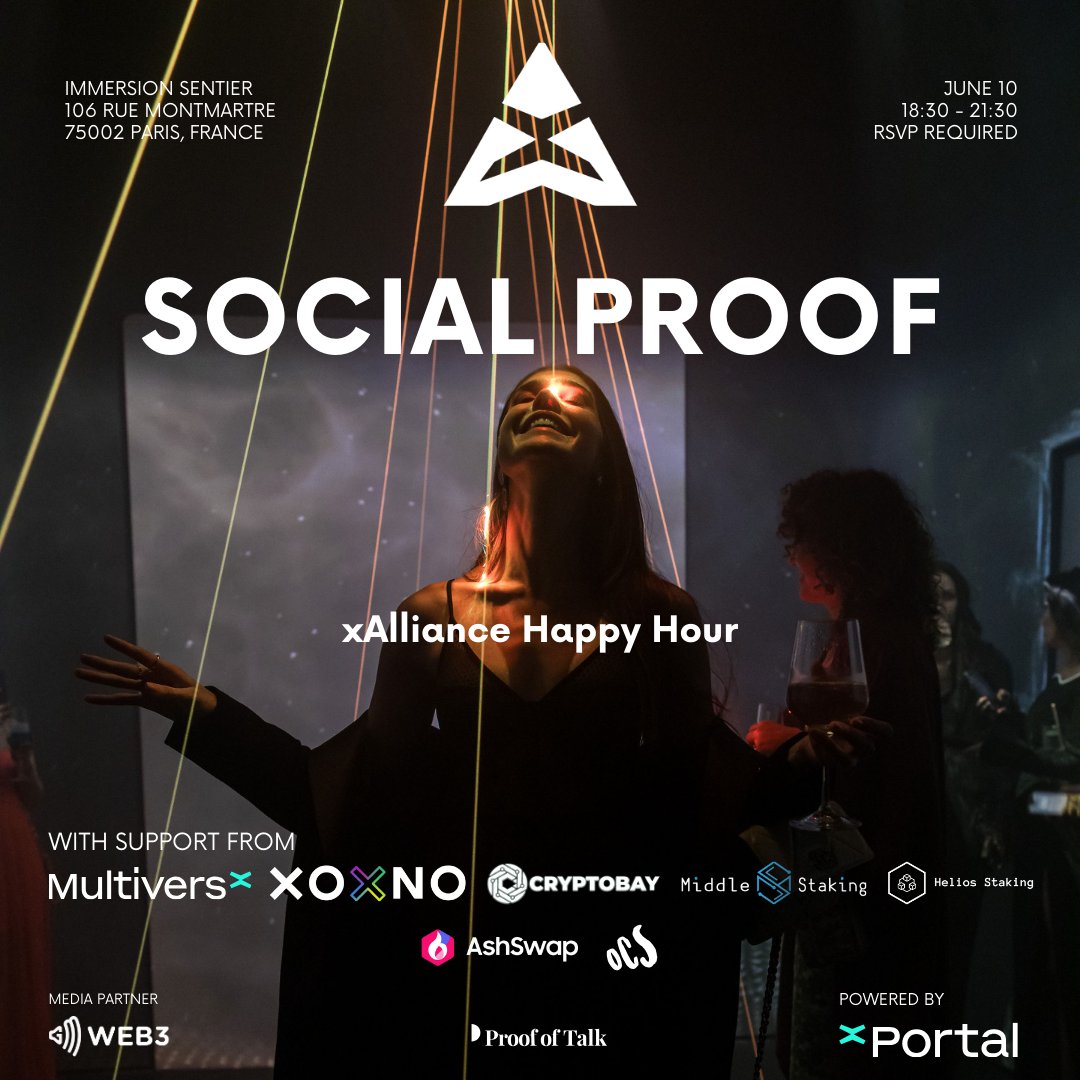 xAllianceDAO's tweet photo. ANNOUNCING... our first-ever official event!

We are social-proofing the Proof of Talk conference.

The Social Proof Happy Hour brings together the Web3 Community in Paris

🥖🍷🥐🍻

We are excited to announce xAlliance’s first-ever event, the Social Proof Happy Hour. Designed to bring together industry leaders, innovators, and the vibrant Web3 community during the @proofoftalk conference in Paris, the event will introduce xAlliance, @MultiversX’s new community accelerator. It will also provide a platform for networking, collaboration, and innovation.

Bites & Beer, Vibes & Wine
Powered by xPortal & a custom-built NFT ticketing system, attendees will have the opportunity to engage in meaningful conversations, enjoy the atmosphere, and experience blockchain-powered surprises. The event will feature assorted wines, craft beers, and an array of savory and sweet bites served at Immersion Sentier, located in 2nd arrondissement and a short walk from the venue of the Proof of Talk conference, Paris’ famed Louvre.

Conceived as a collaboration bringing together community members and projects, the event is supported by key partners who are committed to fostering the growth and development of the MultiversX ecosystem, including the @MultiversX Foundation, the ecosystem’s leading NFT marketplace @xoxnoNFTs, staking agencies and tool builders @CryptoBaySpace, @MiddleStaking & @HeliosStaking, DeFi hub and perp trading protocol @ash_swap, Web3 loyalty program pioneers @OnChainSmokers, and our media partner @GMWeb3_Podcast.

Event Details
📅 June 10
⌚ 18:30–21:30
📍 Immersion Sentier, Paris

Agenda
18:30: Doors & Snacks
19:00: Welcome remarks by xAlliance & Partners
19:15: Networking, Hors D’oeuvres, Drinks
20:00: Quelle Surprise!

Join Us
The xAlliance Social Proof Happy Hour is more than just a networking event; it’s a celebration of the Web3 community’s creativity, innovation, and collaborative spirit. We are looking forward to an evening filled with great conversations, new connections, and the vibrant energy of the community. 

Let’s build the future of Web3 & #MultiversX, together.

To attend, please RSVP as capacity is limited.
🔗⤵️