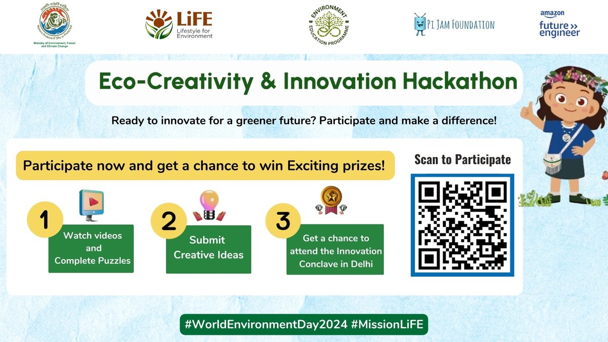 This World Environment Day, We are thrilled to announce the Eco Creativity and Innovation Hackathon in collaboration with the Environment Education Programme of the Ministry of Environment Forest and Climate Change. #WorldEnvironmentDay #MissionLiFE #RestoreOurEarth <a href="/moefcc/">MoEF&CC</a>