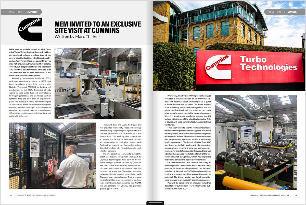 OlympusTech's tweet image. We are delighted to have been mentioned as Cummins partner in #cobot production integration, as part of Manufacturing &amp;amp; Engineering Magazine&apos;s exclusive site visit to Cummins Turbo Technologies Huddersfield!

👉 Click here - library.myebook.com/Hub/mem-523/54…

#machinetending #automation