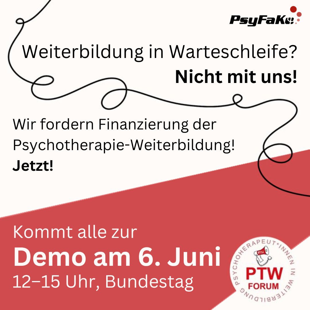 Nur noch 24 Stunden bis zur Demo für die Finanzierung der #Psychotherapie-Weiterbildung vor dem Bundestag. Kommt nach Berlin und demonstriert mit uns für die Weiterbildung und die psychotherapeutische Versorgung.  #PsychotherapieIstUnersetzlich