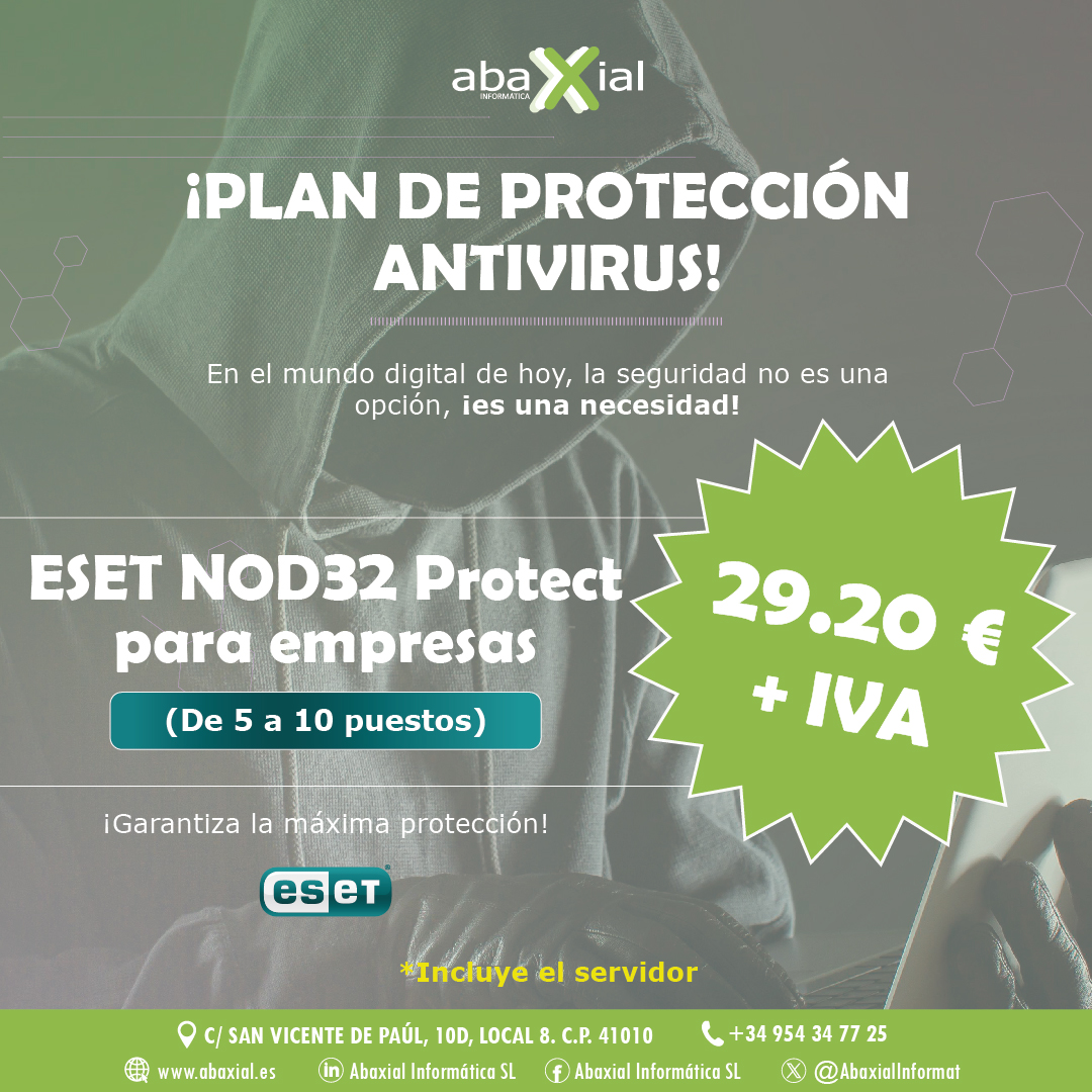AbaxialInformat's tweet photo. En Abaxial Informática te ofrecemos el Plan de Protección Antivirus ESET NOD32 a un precio increíble: ¡solo 29.20 €! 🎉 

¿Qué incluye?
✅ Protección integral desde 5 a 10 puestos.
✅ Incluye el servidor.

¡Contáctanos!

#SeguridadDigital #ESETNOD32 https://t.co/Qxi1OgD74r
