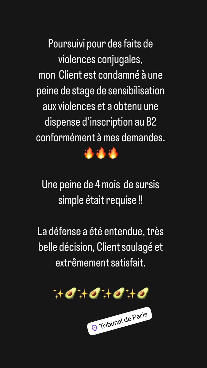 MarionBerthe's tweet photo. Audience devant la 29 ème chambre du tribunal correctionnel de Paris pour assister mon Client poursuivi pour violences conjugales. 🥑✨🔥 Excellente décision obtenue !!! 🥑🥑🥑🥑 https://t.co/F61eKzfOhI
